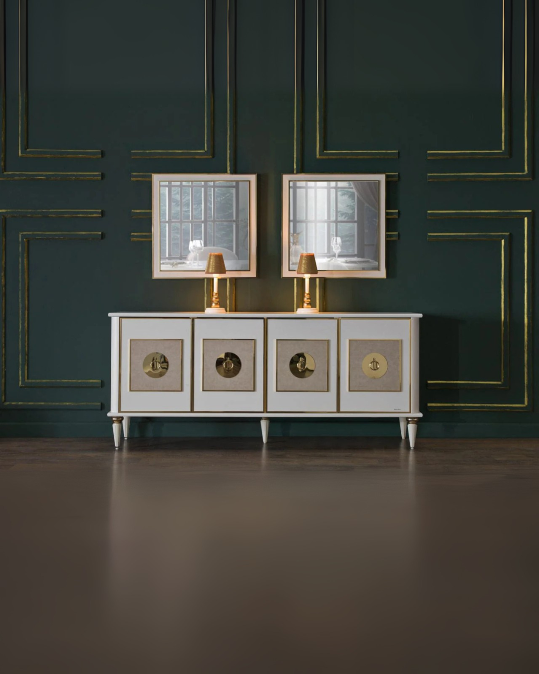White & Gold Modern Console Table with Metallic Accents – Elegant Storage for Living Rooms