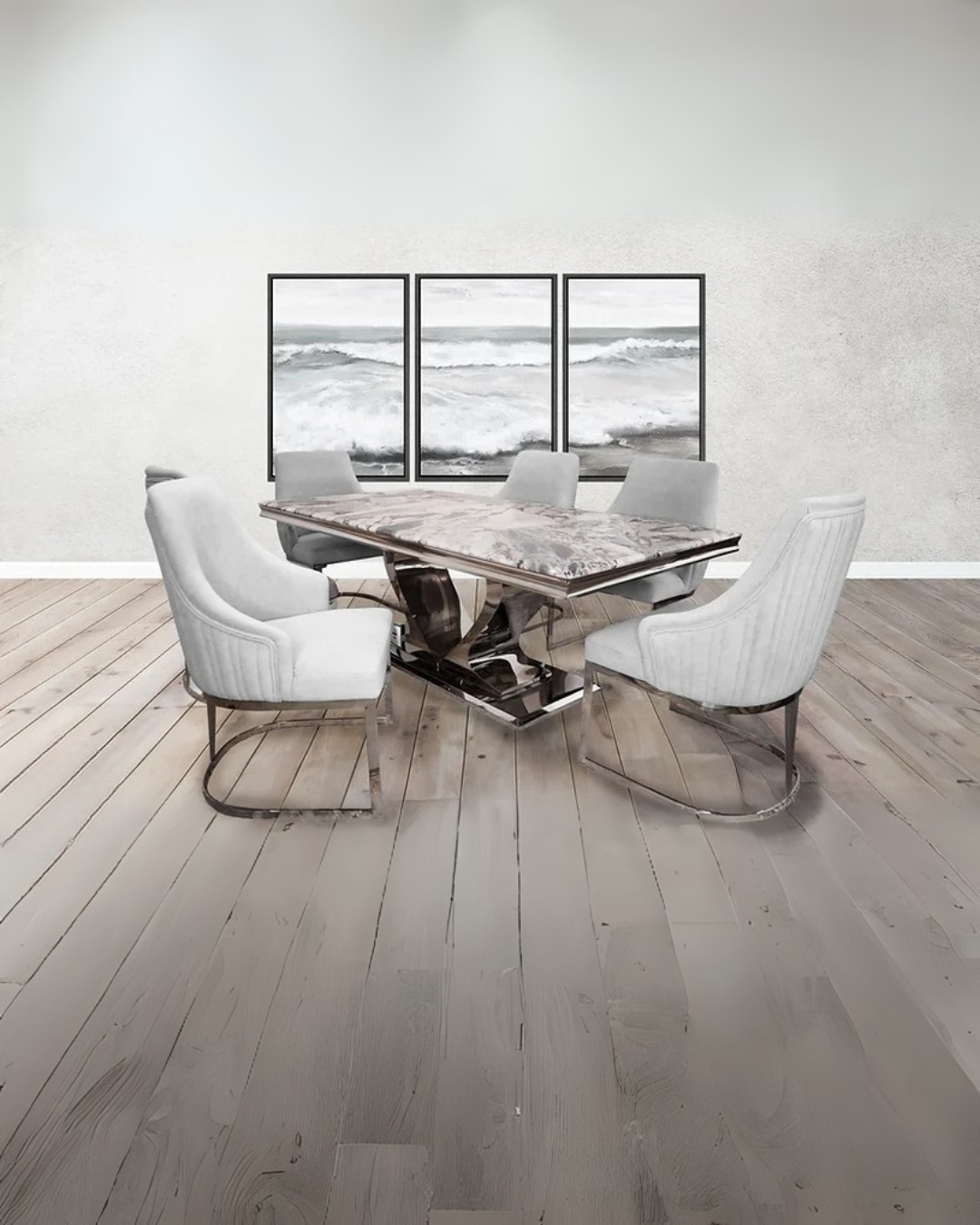 Modern Marble-Top Dining Set with Plush Grey Chairs and Sleek Metal Accents