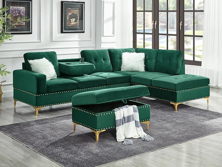 Green Velvet Reversible Sectional Sofa with Storage Ottoman & Drop-Down Table – Small Apartment Living Room Solution - Galaly Furniture TX