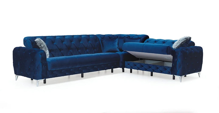 Blue Velvet Sectional Sofa – Space-Saving Living Room Seating for Small Apartments, 124"W x 98"L - Galaly Furniture TX