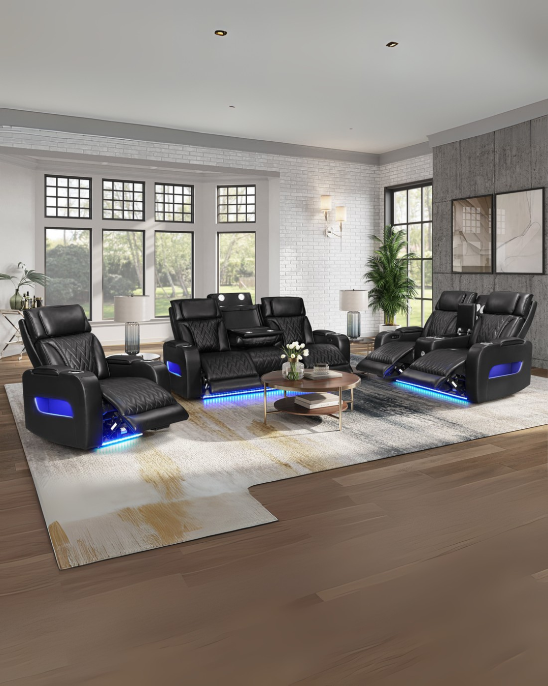 Jet Black Leather Reclining Living Room Set with LED Accents & Modern Coffee Tables
