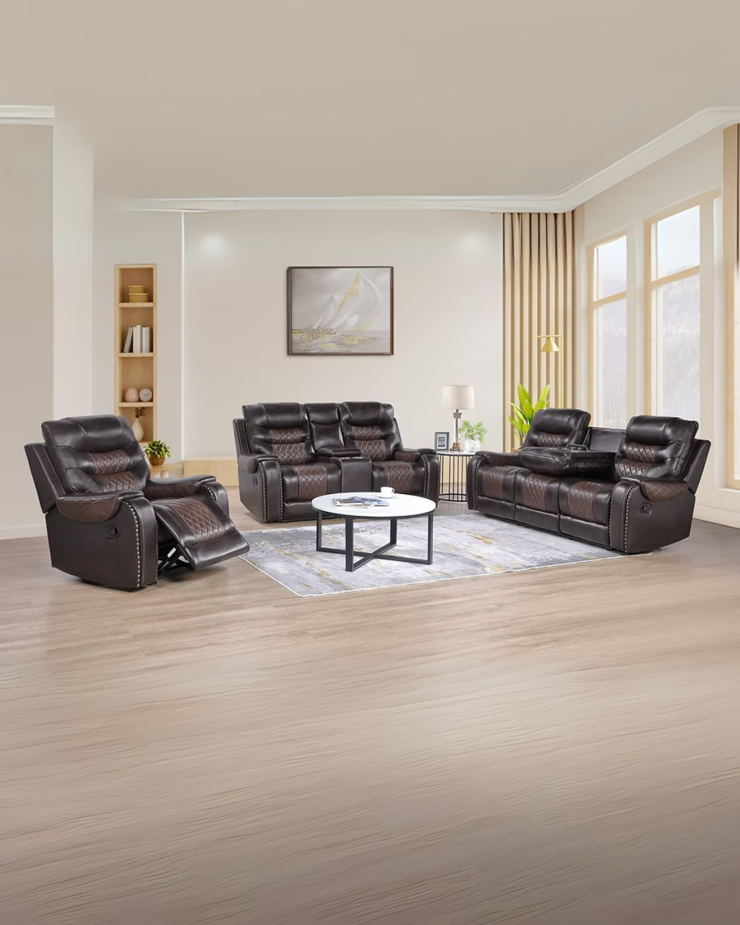 Espresso Luxe Reclining Living Room Set with Coffee Tables – Space-Saving Brown Leather Comfort