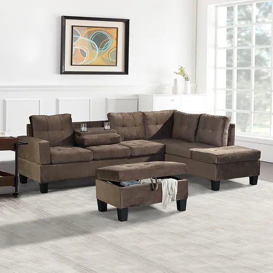 Grey Velvet Sectional Sofa with Storage Ottoman – Space-Saving Living Room Set for Small Apartments - Galaly Furniture TX