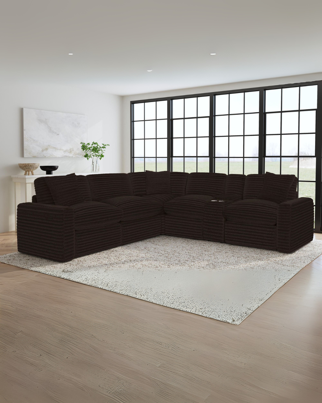 Corded Plush Brown Sectional Sofa – Modern Living Room Comfort for Small Spaces