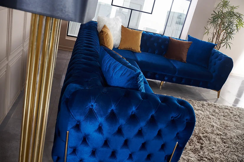 Blue Velvet Sectional Sofa – Space-Saving Living Room Furniture for Small Apartments, 119" x 100" - Galaly Furniture TX