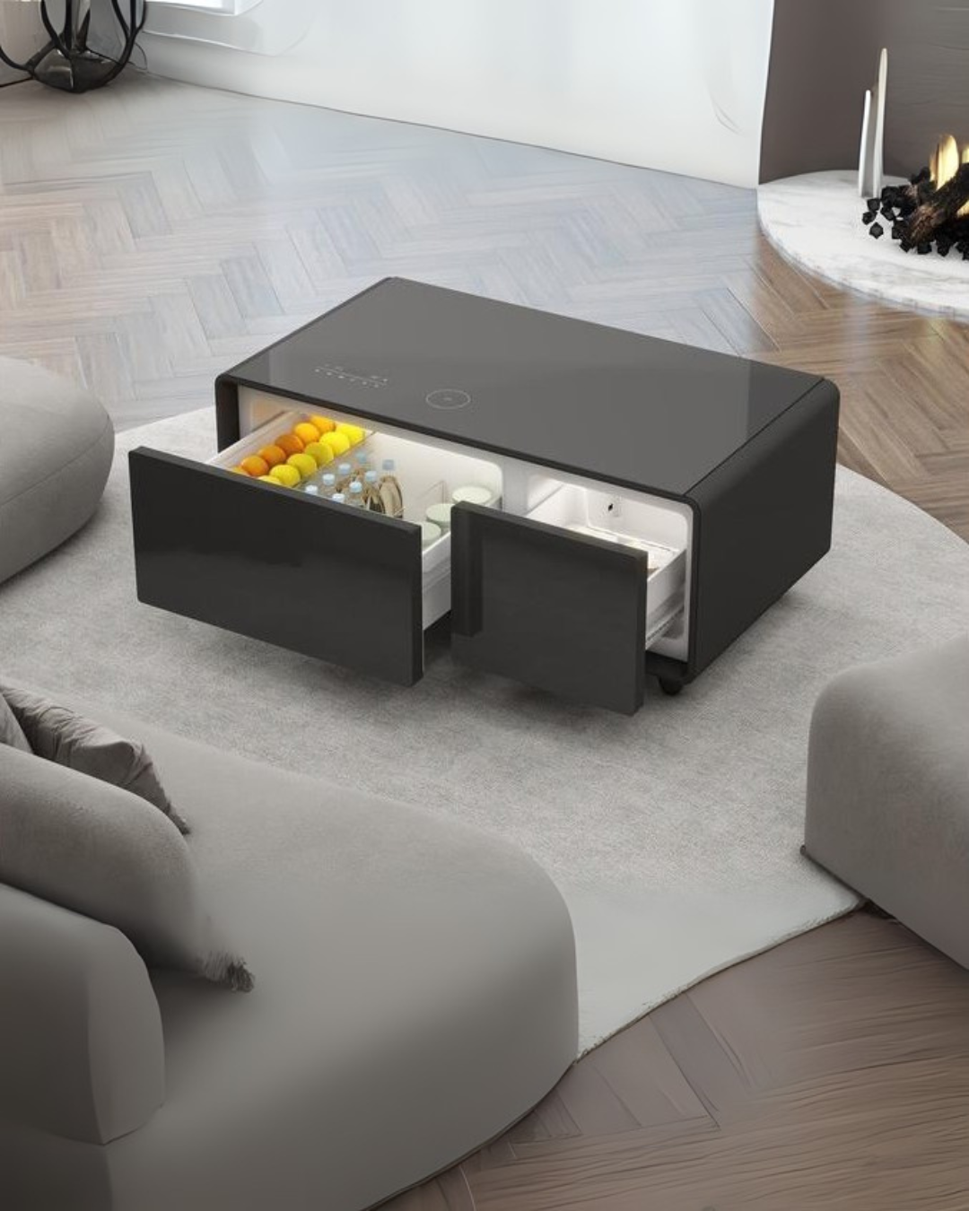 Modern Multi-Function Coffee Table with Built-In Mini Fridge – White & Black Living Room Centerpiece