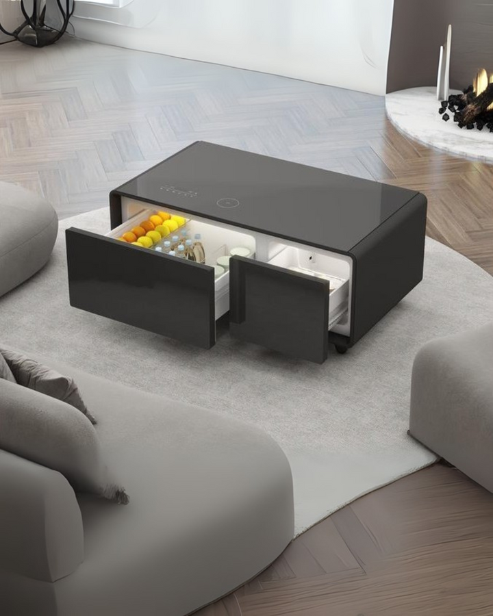 Modern Multi-Function Coffee Table with Built-In Mini Fridge – White & Black Living Room Centerpiece
