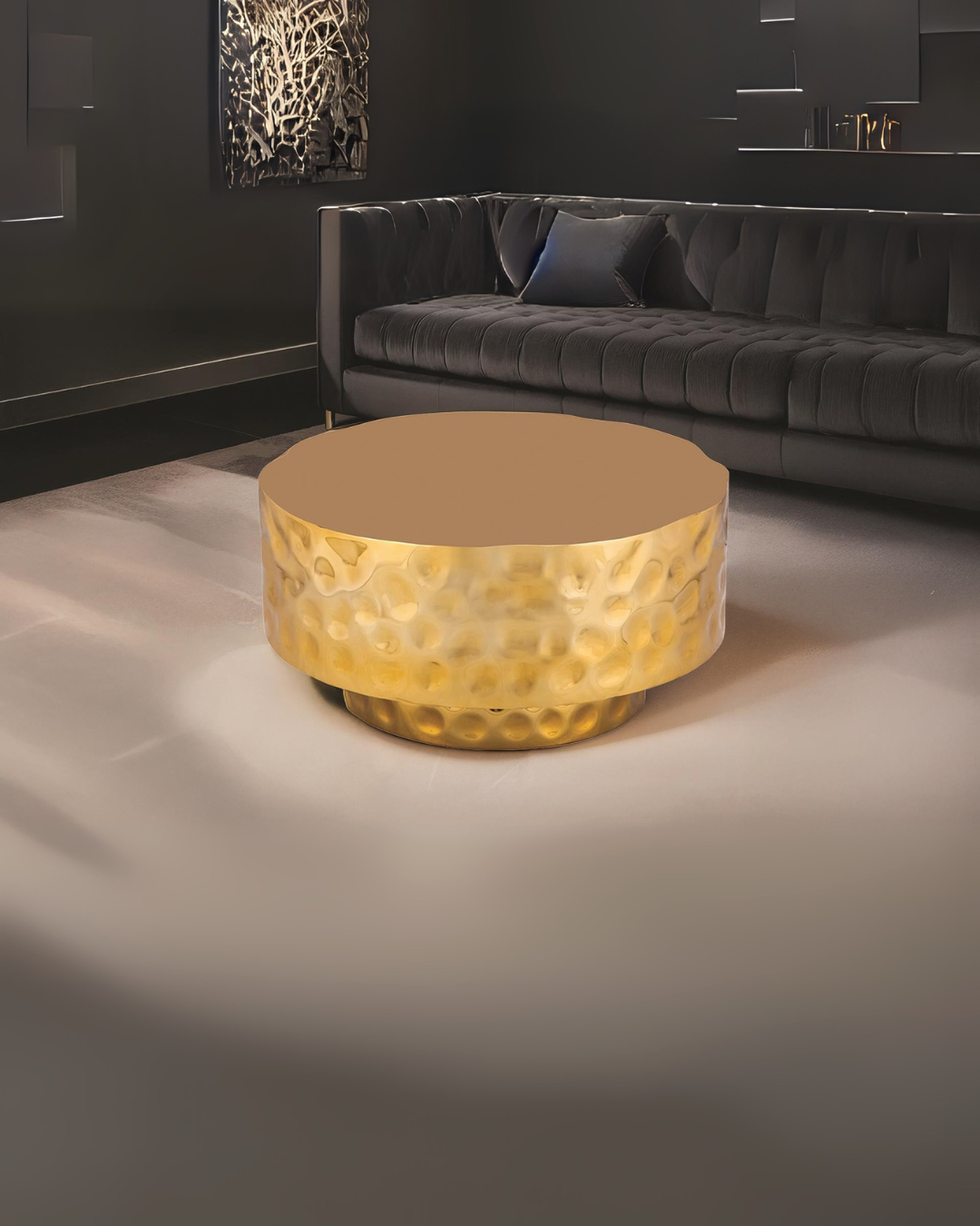 Luxe Gold Hammered Drum Coffee Table – Modern Space-Saving Accent for Small Living Rooms