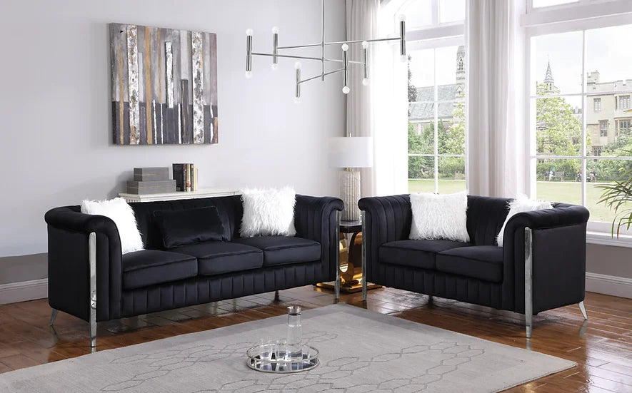 Black Velvet Sofa & Loveseat Set with Chrome Legs – Space-Saving Living Room Furniture for Apartments - Galaly Furniture TX
