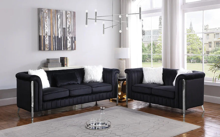 Black Velvet Sofa & Loveseat Set with Chrome Legs – Space-Saving Living Room Furniture for Apartments - Galaly Furniture TX