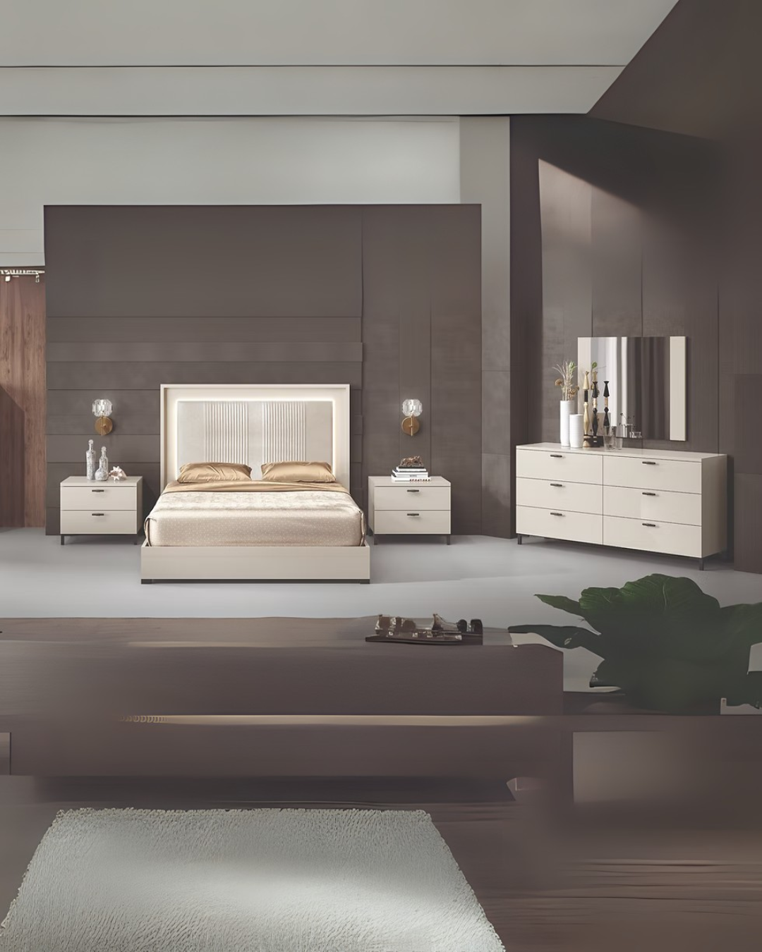 Luxe Modern Bedroom Set in Dark Brown & White – Space-Saving Elegance for Apartments