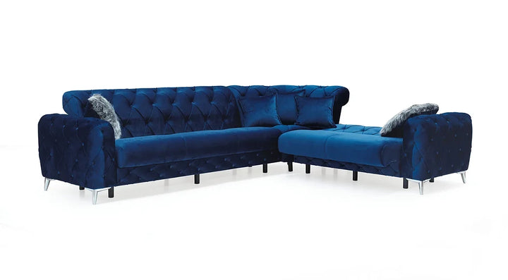 Blue Velvet Sectional Sofa – Space-Saving Living Room Seating for Small Apartments, 124"W x 98"L - Galaly Furniture TX