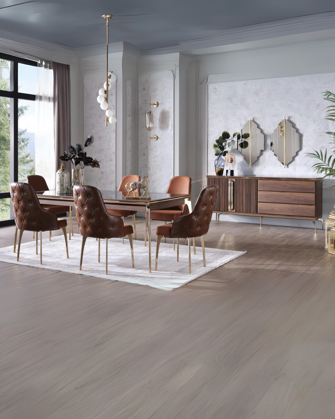 Modern Luxe Brown Dining Room Set with Tufted Upholstered Chairs and Sleek Wood Accents