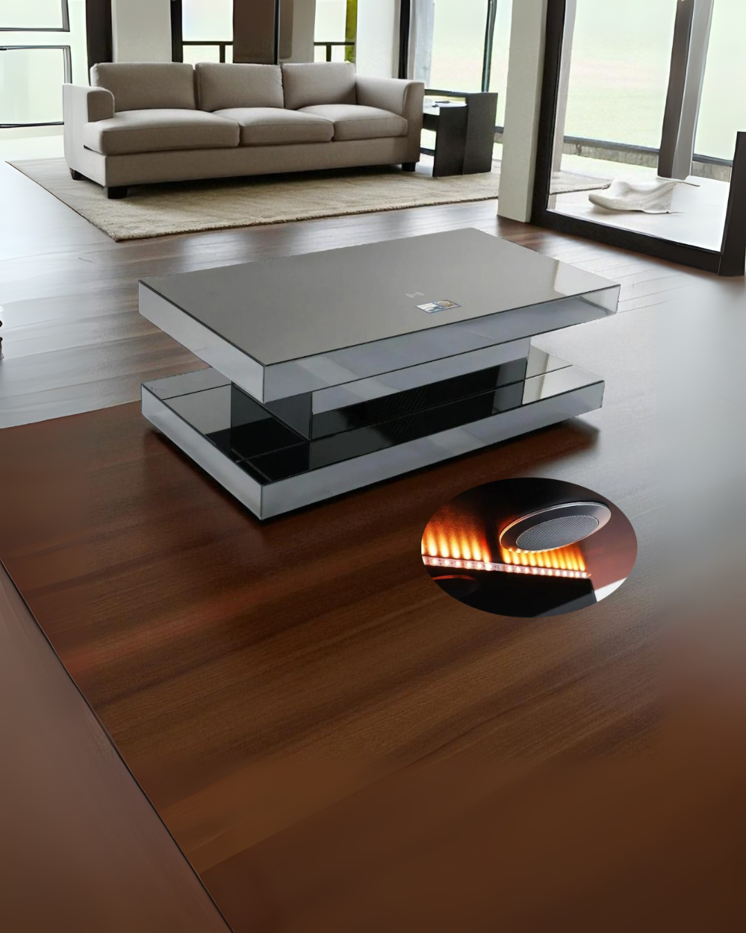 Gray Modern Glass Coffee Table with Sleek Storage – Space-Saving Living Room Centerpiece