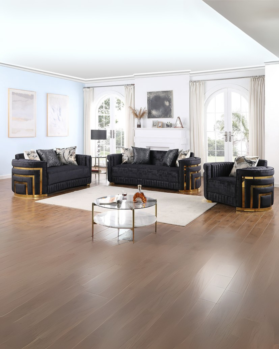 Modern Luxe Black & Gold Living Room Set with Plush Sofas and Glass Coffee Table