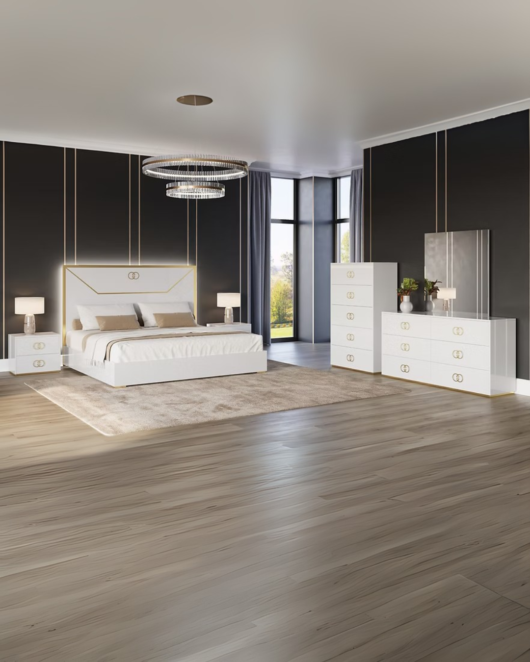 Aurora White & Gold Modern Bedroom Set with Sleek Storage for Small Spaces