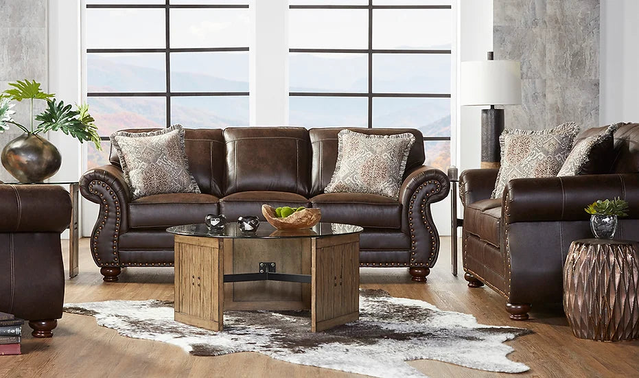 Brown Polished Fabric Living Room Set – Sofa, Loveseat, Chair & Ottoman for Small Apartments