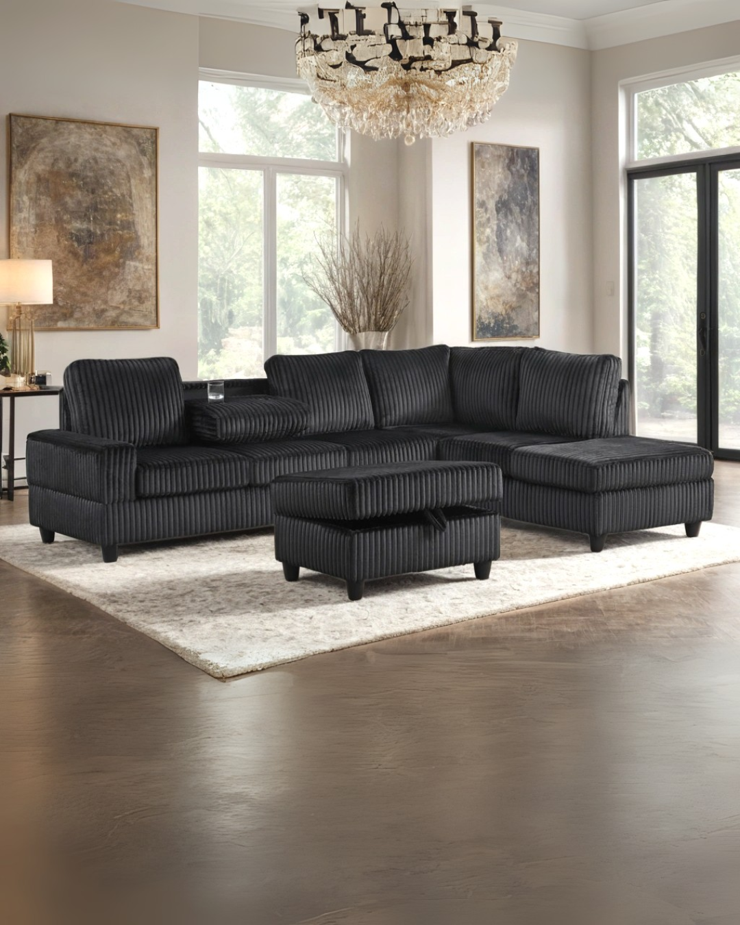 Black Corduroy Sectional Sofa Set with Ottoman – Plush Modular Living Room Solution