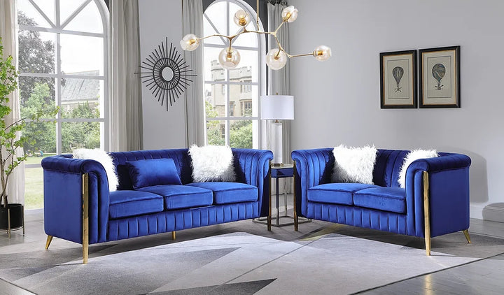 Blue Velvet Sofa & Loveseat Set with Gold Legs – Space-Saving Living Room Furniture for Apartments - Galaly Furniture TX