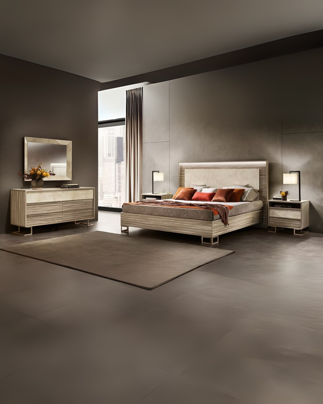Warm Taupe Modern Bedroom Set with Sleek Storage – Space-Saving Elegance for Apartments