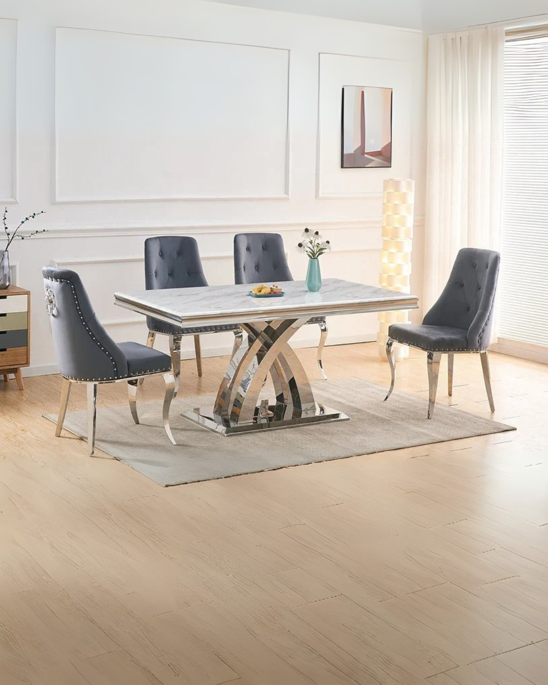 Modern Glam Gray & Silver Dining Set with Tufted Chairs and Marble-Inspired Tabletop