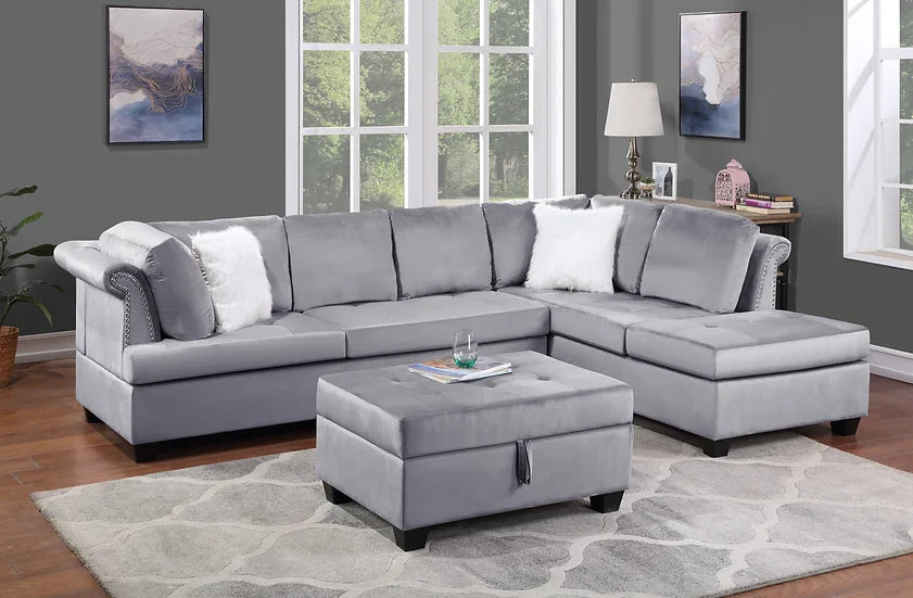 Grey Velvet Sectional Sofa with Storage Ottoman – Space-Saving Living Room Set for Small Apartments - Galaly Furniture TX