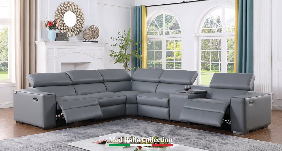 Grey Top Grain Leather Reclining Sectional Set – Compact Power Recliner for Small Apartment Living Rooms - Galaly Furniture TX