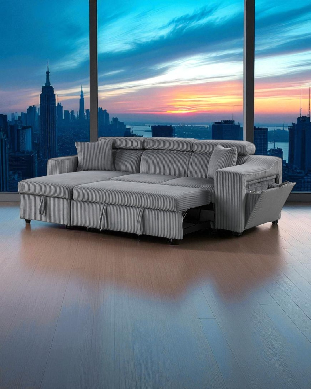 Modern Gray Corduroy Sectional Sofa with Chaise & Hidden Storage – Space-Saving Living Room Furniture